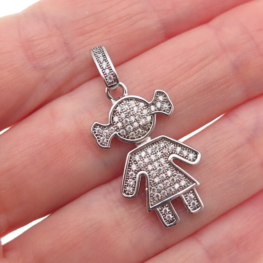 925 Sterling Silver Round-Cut C Z Girl Charm Pendant